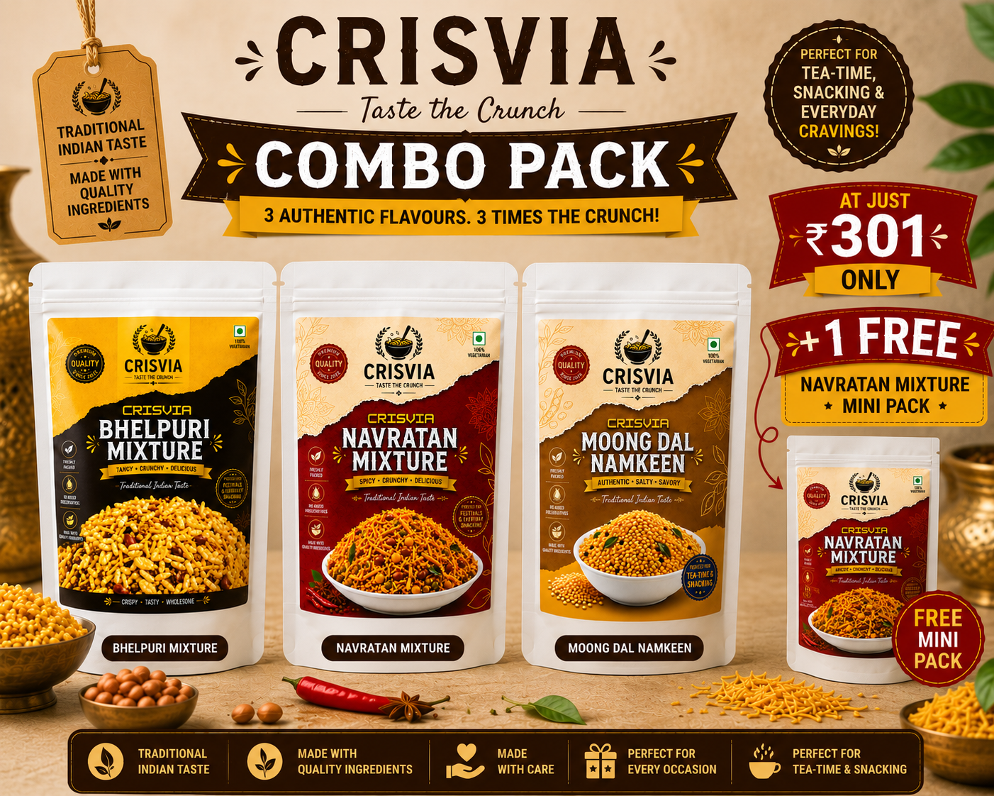 CRISVIA COMBO NAMKEEN MIXTURE (navrata,bhelpuri,moongdal) +1 free mini pack 550g